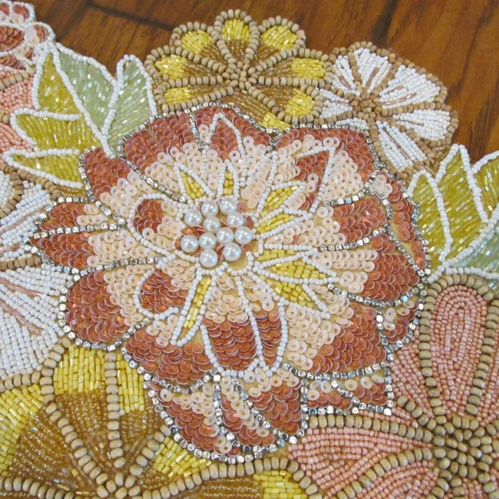 PIER 1 Floral Beaded Table Runner 15 in x 36 in Pink Yellow Peach Mums Daisies